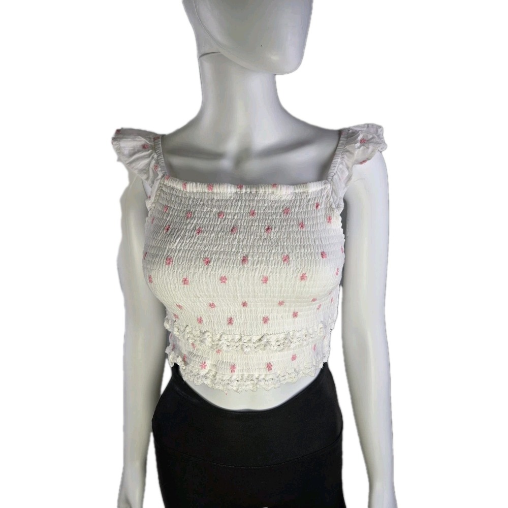 Japna Smocked Crop top White Pink Cottagecore‎ Size M
